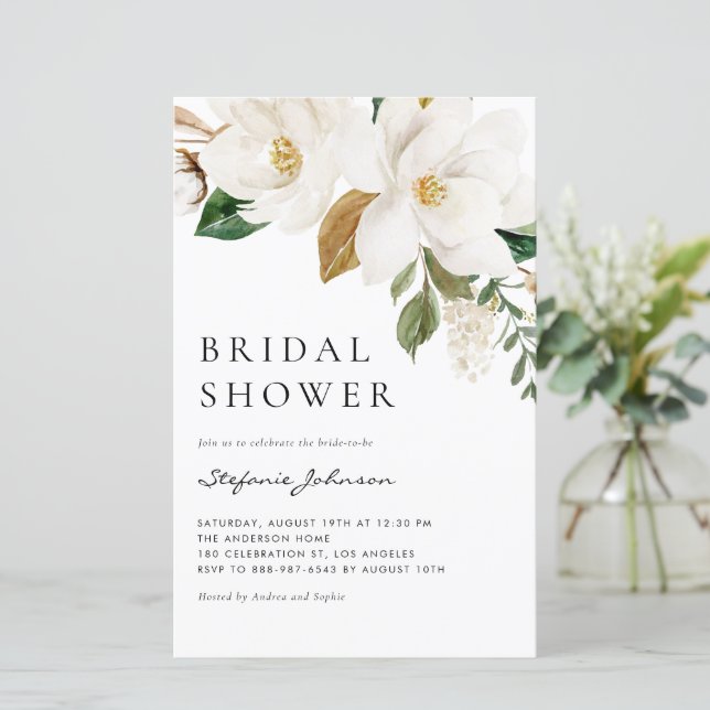 Watercolor White Magnolia Bridal Shower Invitation (Standing Front)