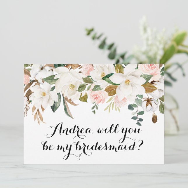 Watercolor White Magnolia Garland Bridesmaid Card (Standing Front)
