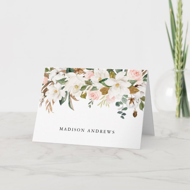 Watercolor White Magnolias Personalized Note Card (Front)
