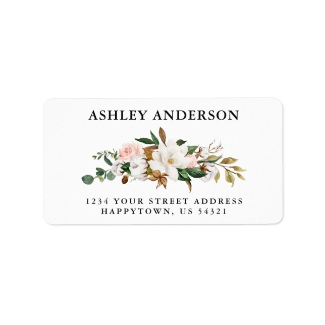 Watercolor White Magnolias Pink Roses Address Label (Front)