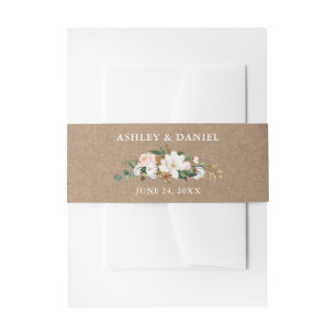 Watercolor White Magnolias Pink Roses Kraft Invitation Belly Band