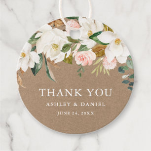 Watercolor White Magnolias Roses Wedding Kraft Favour Tags