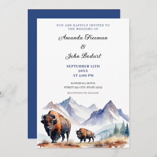 Watercolor White & Navy Bison Buffalos Wedding Invitation (Front/Back)