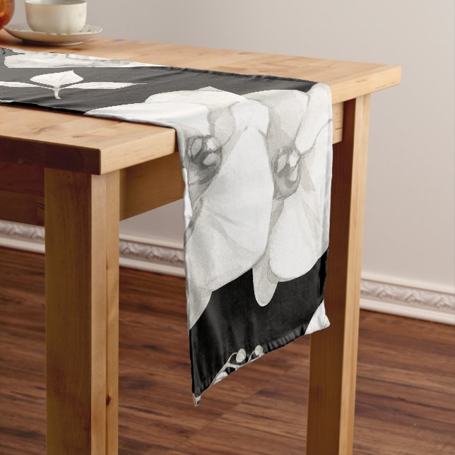 Watercolor White Orchid on Black | Long Table Runner (In Situ)