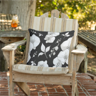 Watercolor White Orchid on Black   Outdoor Pillow