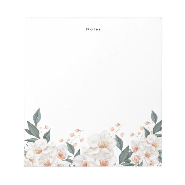 Watercolor White Orchids and Petal Personalized Notepad (Front)