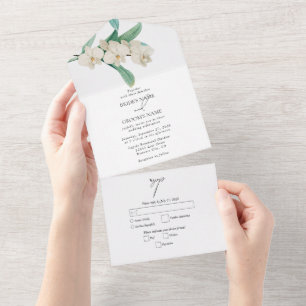 Watercolor White Orchids Floral Wedding All In One Invitation