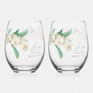 Watercolor White Orchids Floral Wedding Gift Stemless Wine Glass