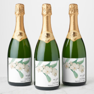 Watercolor White Orchids Floral Wedding Sparkling Wine Label