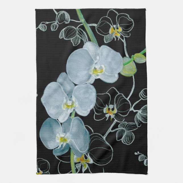 Watercolor White Orchids Pattern Kitchen Towel (Vertical)