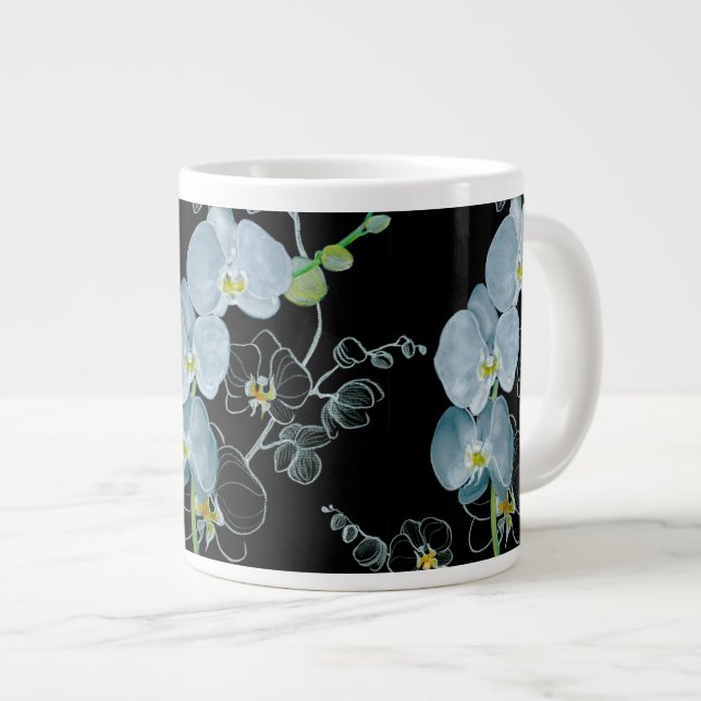 Watercolor White Orchids Pattern Large Coffee Mug (Front Right)