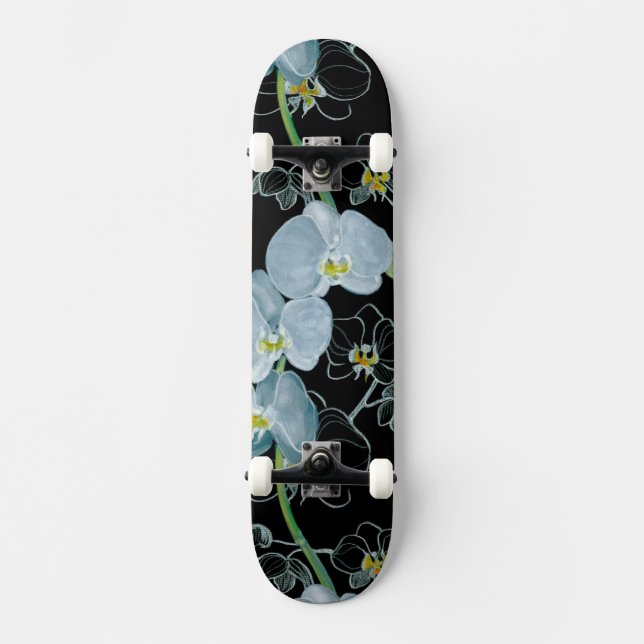 Watercolor White Orchids Pattern Skateboard (Front)