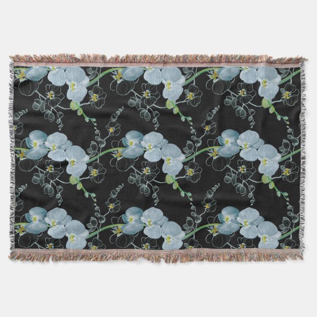 Watercolor White Orchids Pattern Throw Blanket (Front)
