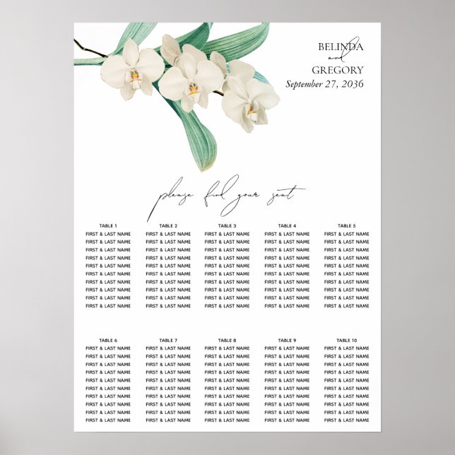 Watercolor White Orchids Wedding Seating Chart (Front)