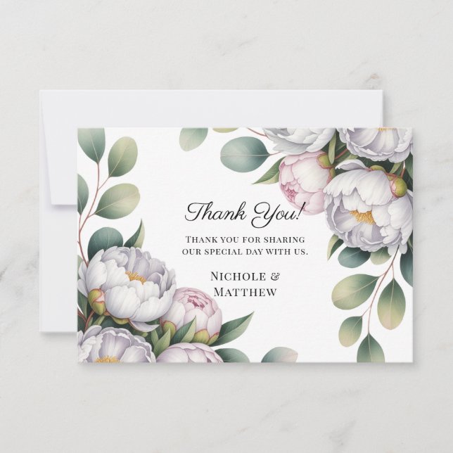 Watercolor White Peonies Wedding Thank You Card (Front)