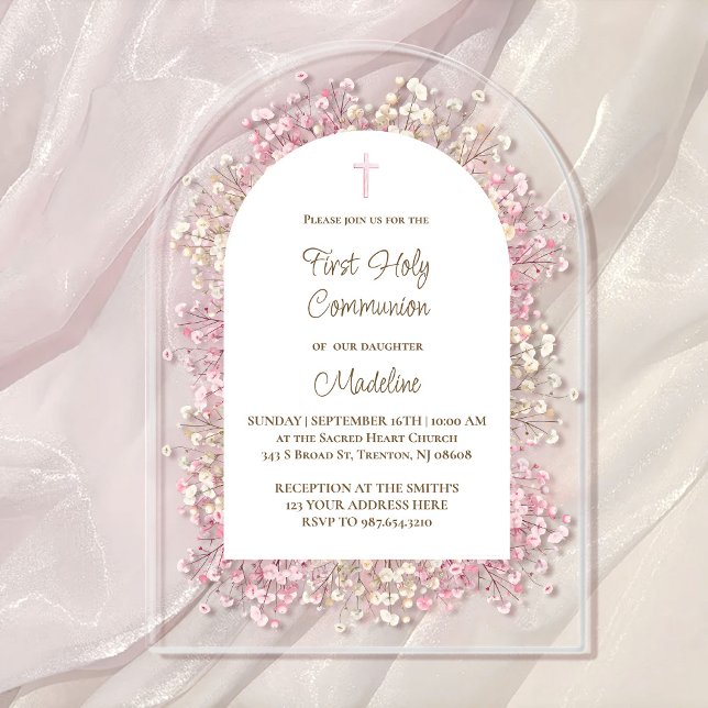 watercolor white pink flowers First Communion Acrylic Invitations (Creator Uploaded)