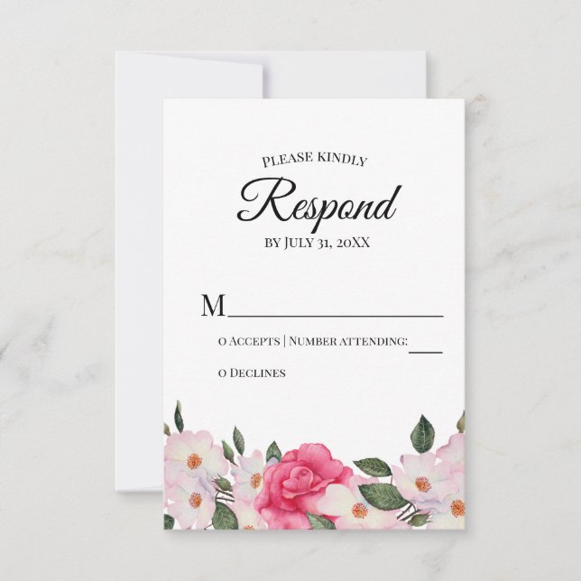 Watercolor White Pink Roses Wedding RSVP Respond Card (Front)