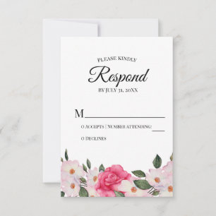 Watercolor White Pink Roses Wedding RSVP Respond Card
