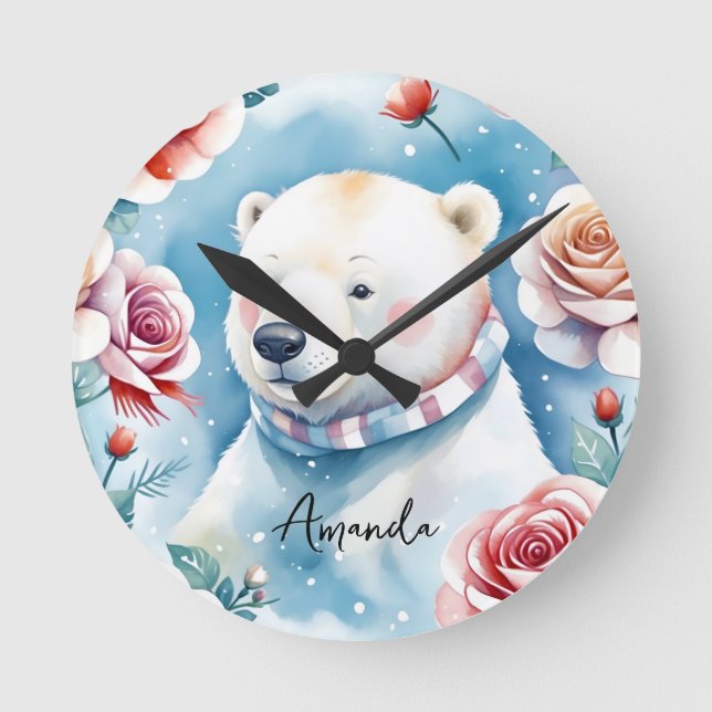 Watercolor White Polar Bear and Red Roses Round Clock (Front)