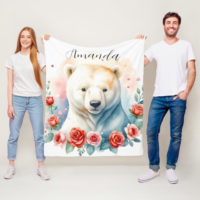 Watercolor White Polar Bear Floral Fleece Blanket (In Situ)