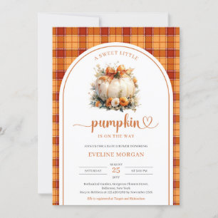 Watercolor white pumpkin fall autumn flowers plaid invitation