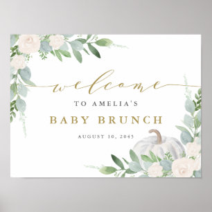 Watercolor White Pumpkin Greenery Fall Baby Brunch Poster
