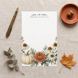 Watercolor White Pumpkin Terracotta Fall Floral Stationery