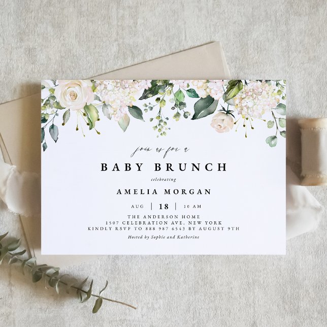 Watercolor White Rose and Hydrangea Baby Brunch Invitation (Creator Uploaded)