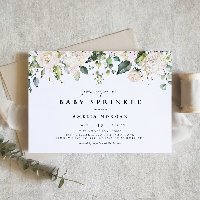 Watercolor White Rose and Hydrangea Baby Sprinkle Invitation (Creator Uploaded)