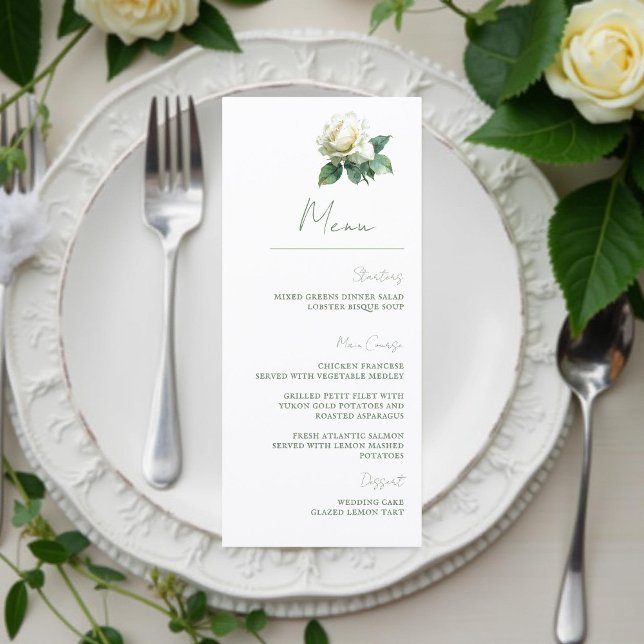 Watercolor White Rose Elegant Botanical Wedding Menu (Creator Uploaded)