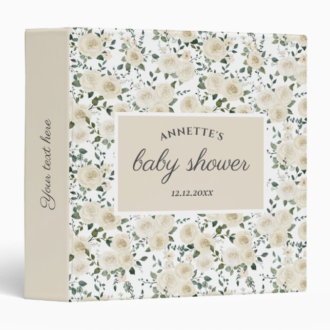 Watercolor White Roses Baby Shower   Binder (Front/Spine)