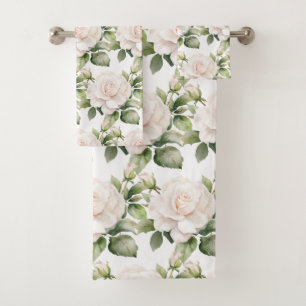 Watercolor White Roses Bath Towel Set