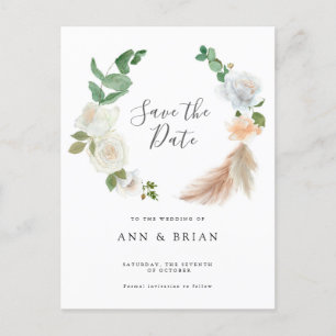 Watercolor White Roses flower floral Save the Date Postcard