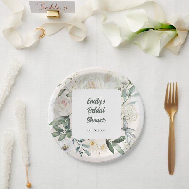 Watercolor White Roses Flower Panel Bridal Shower Paper Plate (Wedding)