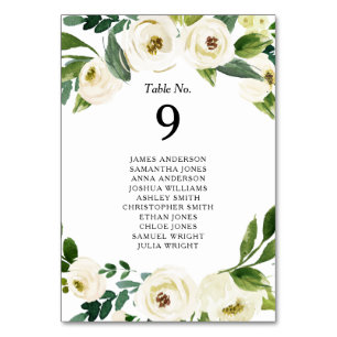 Watercolor White Roses Flowers Greenery Wedding Table Number
