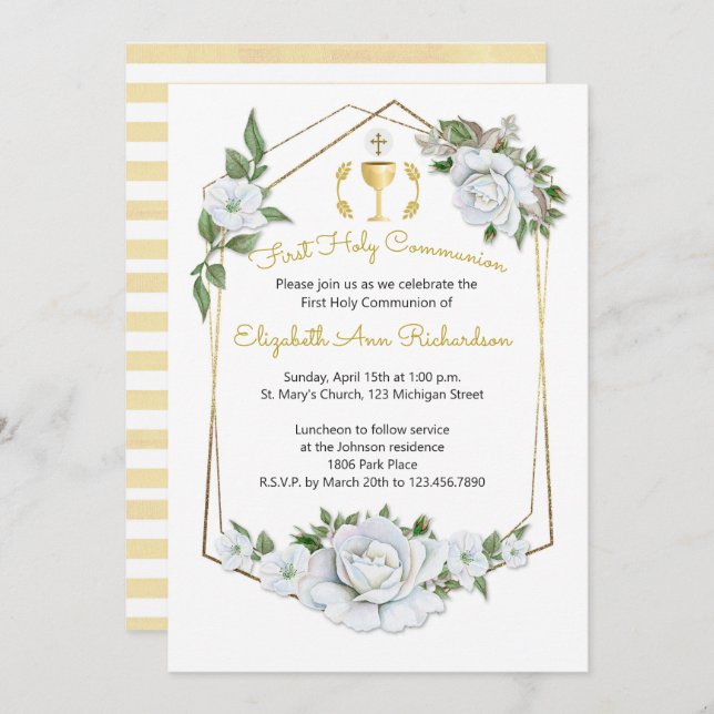 Watercolor White Roses Geometric Frame Communion Invitation (Front/Back)