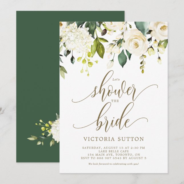 Watercolor White Roses & Hydrangeas Bridal Shower Invitation (Front/Back)