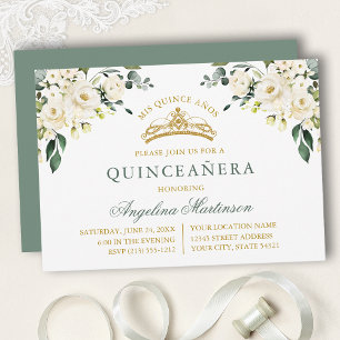Watercolor White Roses Sage Green Gold Quinceanera Invitation