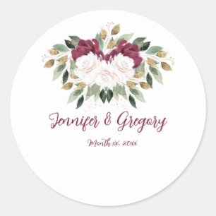 Watercolor White Roses Wedding Cranberry Flowers Classic Round Sticker