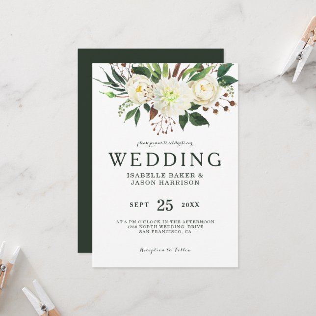 Watercolor White Roses Wedding Invitation (Front/Back In Situ)