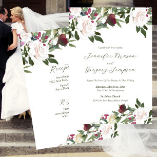Watercolor White Roses with Cranberry Invitation