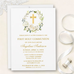 Watercolor White Roses Wreath Gold Communion Invitation