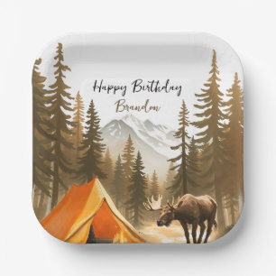 Watercolor White Rustic Woodland Camping Birthday Paper Plate