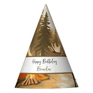 Watercolor White Rustic Woodland Camping Birthday Party Hat