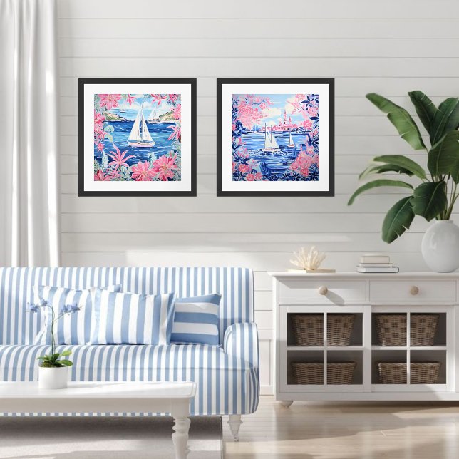 Watercolor White Sailboats Blue Pink Floral Square Poster (Creator Uploaded)