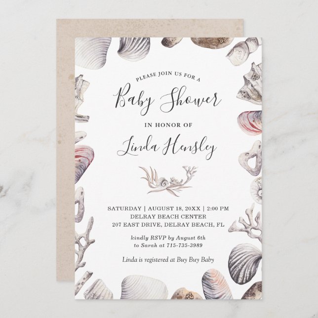 Watercolor White Sea Shell Beach Baby Shower Invitation (Front/Back)