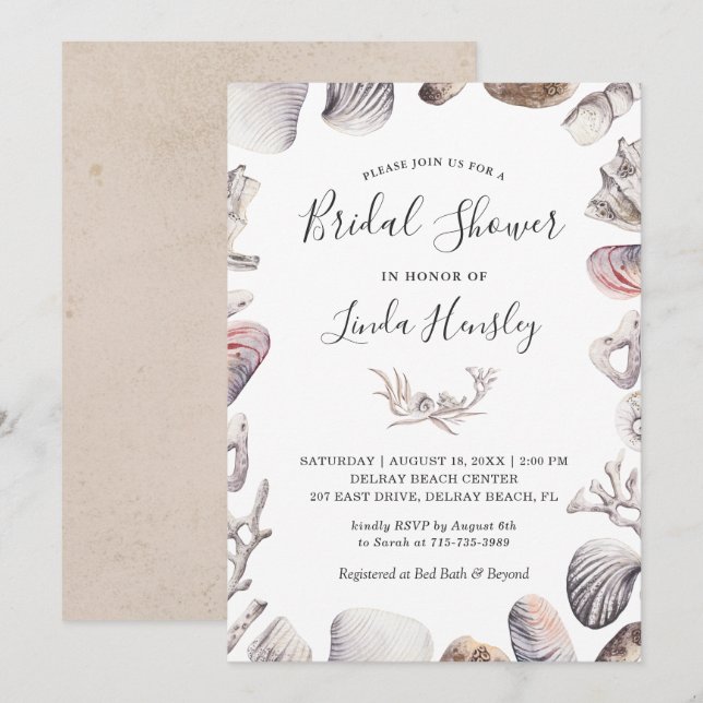 Watercolor White Sea Shell Beach Bridal Shower Invitation (Front/Back)