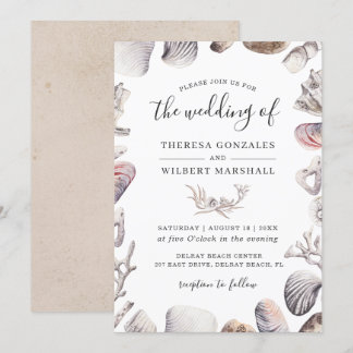 Watercolor White Sea Shell Beach Sand Wedding Invitation