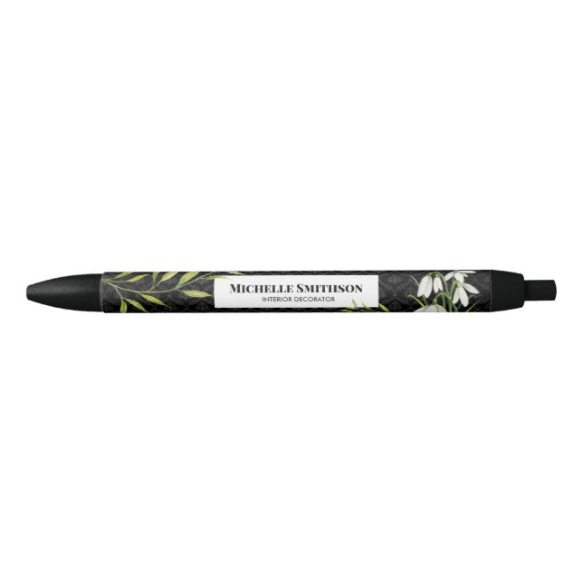 Watercolor White Snowdrops and Laurel Damask Black Ink Pen (Front)