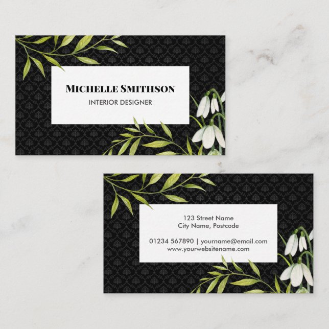 Watercolor White Snowdrops and Laurel Damask Business Card (Front/Back)